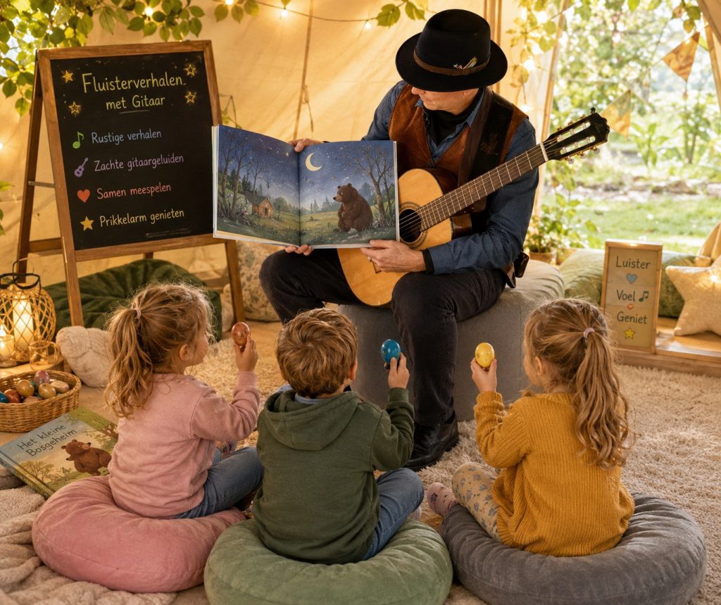 Prikkelarm kindervermaak akoestische gitarist en verhalen vertellen met kinderen.